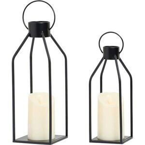 Black Metal Candle Lantern Set Farmhouse Decor with Timer for Table Fireplace